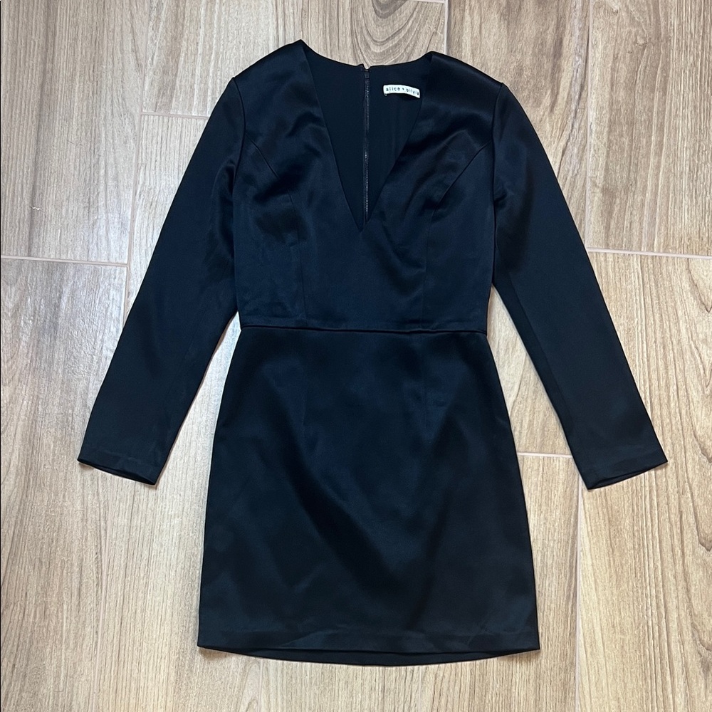 Alice + Olivia Satin Black Mini Dress Deep V Long Sleeve‎